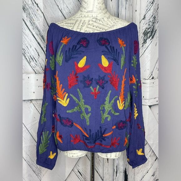 Laurie Felt Embroidered Boho Top Navy Women L - Picture 3 of 11